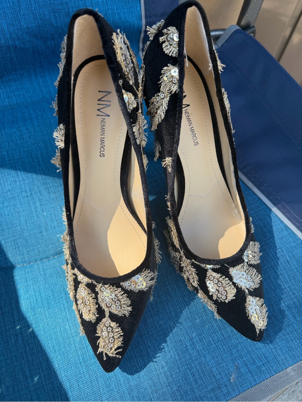 Neiman Marcus Black Pointed Toe Pumps with Gold Sequin Embellishment